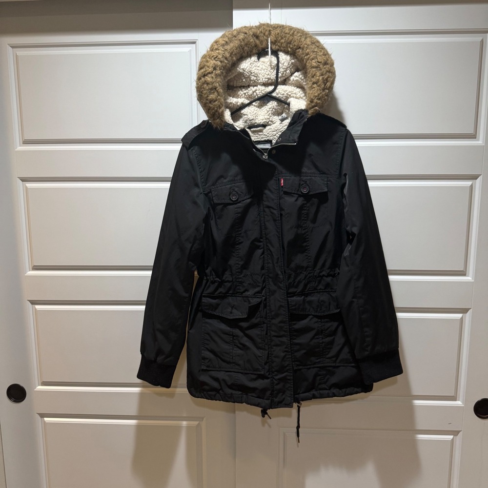 Levi's Black Anorak Jacket Faux Fur Hooded‎ Utility Coat Winter Warm Medium